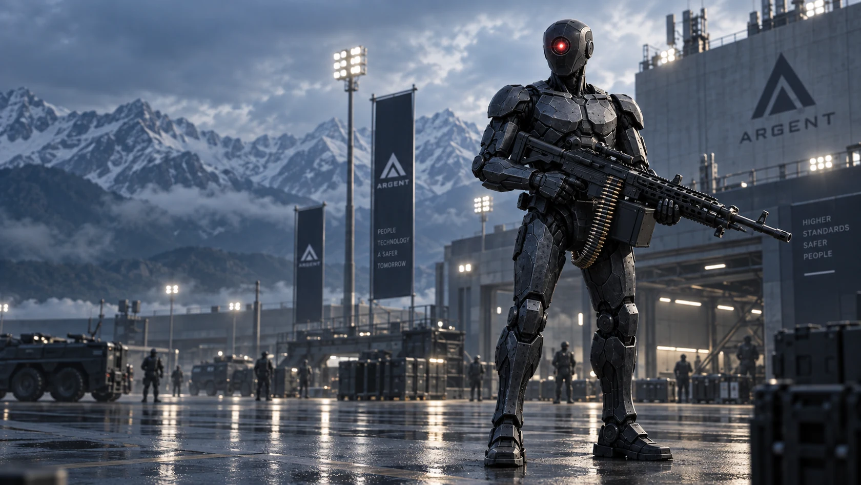 Seraph Generation 9 military configuration holding a belt-fed crew-served automatic weapon
