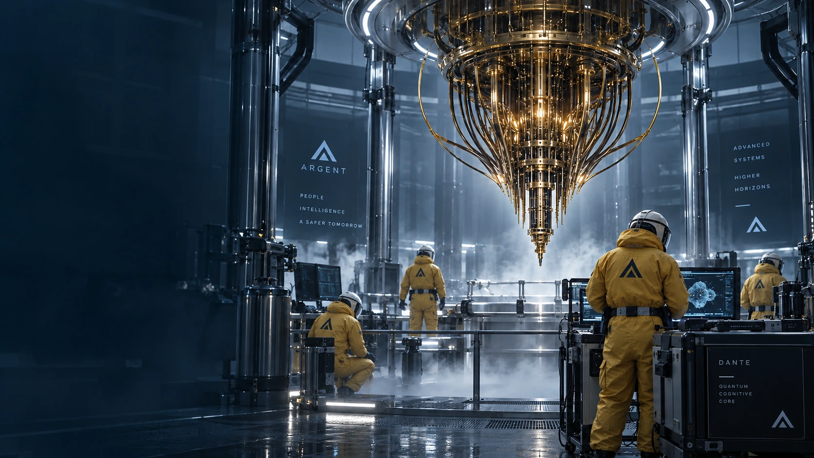 Quantum Cognitive Core DANTE inside an Argent cryogenic lab with technicians in cold suits and a retracted shield